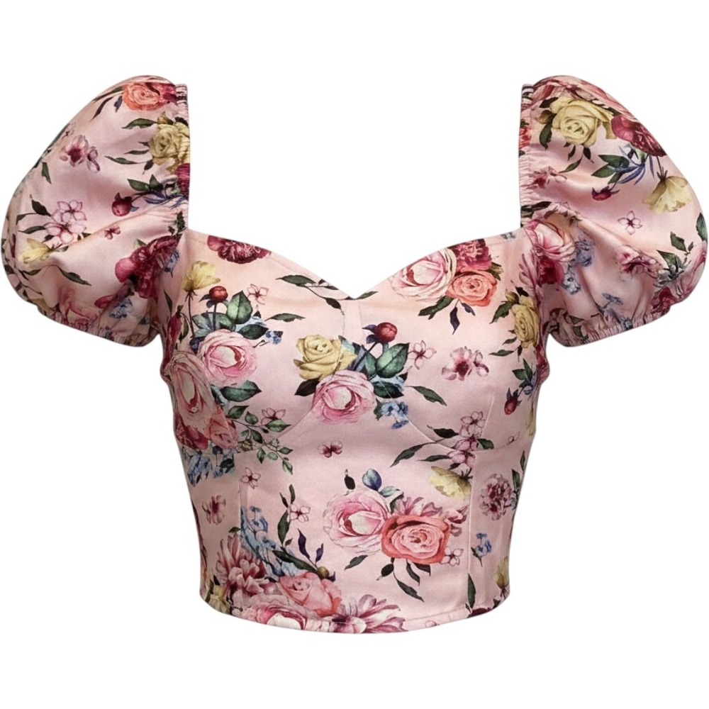 Blue Rain Floral Puff Sleeve Crop Top Women Size M Pink Excellent Sweetheart Tie